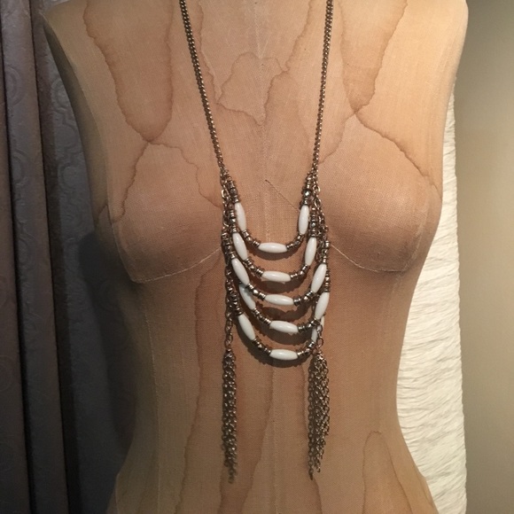 NWOT Forever 21 Gold Ivory Beaded Layered Fringe Statement Necklace - Picture 1 of 5